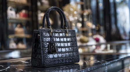 Elegant black crocodile handbag displayed on marble countertop in luxury boutiqueの素材