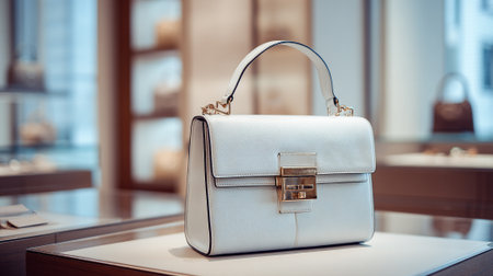 Elegant white leather handbag with gold clasp in a boutique settingの素材