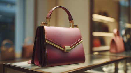 Elegant burgundy handbag with gold accents displayed on a glass shelfの素材