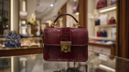 Elegant Maroon Leather Handbag with Gold Hardware Displayed in a Luxury Storeの素材