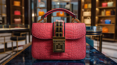 Exquisite Pink Crocodile Leather Handbag Displayed in a Boutique, Sophisticated Eleganceの素材