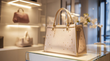 Elegant handbag with golden accents on display in a stylish boutiqueの素材