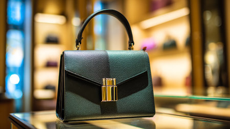 Elegant leather handbag showcased on a glass display shelf in boutique.の素材