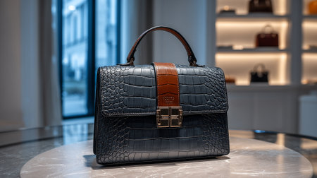 Chic reptile embossed handbag with brown accent strap and handle.の素材