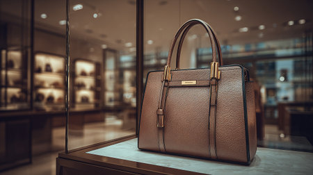 Luxurious brown leather handbag displayed elegantly behind a pristine glass showcaseの素材