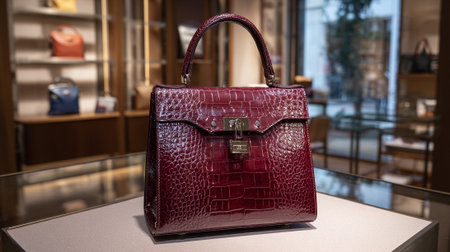 Elegant burgundy crocodile leather handbag with lock on display in boutique.の素材