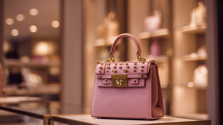 Elegant pink studded handbag displayed in a luxurious boutique settingの素材