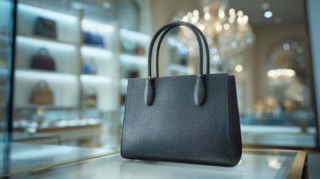 Elegant Black Leather Handbag Displayed in a High-End Boutiqueの素材
