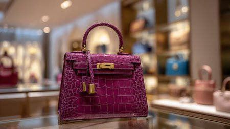 Exquisite Purple Alligator Leather Handbag Showcased in a Luxurious Boutique Settingの素材