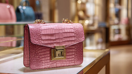 Exquisite pink alligator leather handbag displayed on a luxury boutique store shelf.の素材