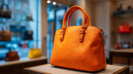 Vibrant orange leather handbag on display in a luxury boutique shopの素材