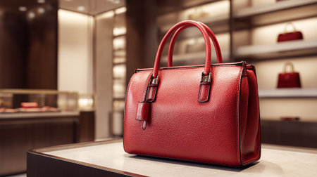 Elegant red leather handbag showcasing luxury fashion in a sophisticated retail settingの素材
