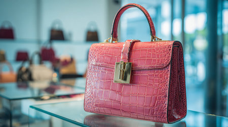 Elegant pink leather handbag with a crocodile pattern displayed in store.の素材