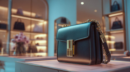 Elegant black leather handbag with golden chain in a luxury boutique.の素材