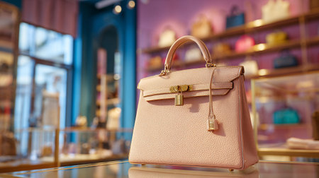 Luxurious pale pink leather handbag displayed in a sophisticated boutique setting.の素材