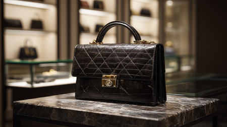 Elegant Dark Brown Crocodile Handbag Displayed on Marble Table Surfaceの素材