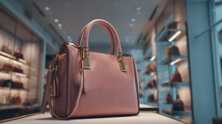 Elegant pink leather handbag on display in a luxury boutique store.の素材