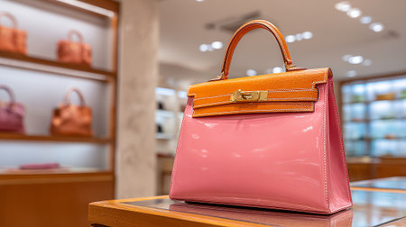 Elegant Pink and Orange Leather Handbag Displayed in a Luxury Boutiqueの素材