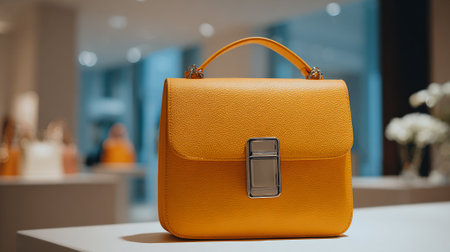 Elegant Orange Handbag Displayed in a Luxury Boutique Interiorの素材