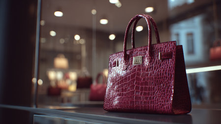 Luxurious Crimson Croc-Embossed Handbag Displayed Elegantly in Boutique Showcaseの素材