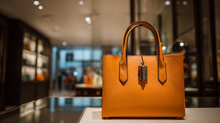 Elegant orange leather handbag on display in a luxury retail settingの素材