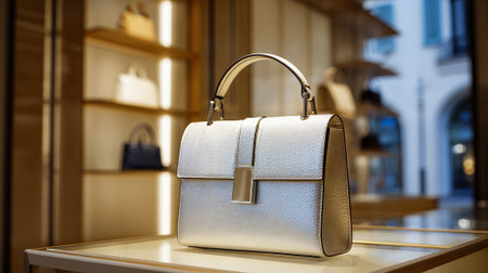 Elegant silver handbag displayed in luxury boutique window, soft lighting creates allureの素材