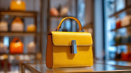 Luxurious Yellow Handbag Displayed Elegantly In A Retail Store Showcase Settingの素材