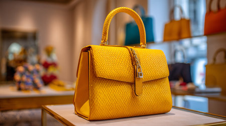 Luxurious Yellow Handbag Displayed Elegantly in High-End Boutique with Additional Bagsの素材