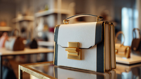 Elegant handbag on display inside a luxurious store and reflecting in glassの素材