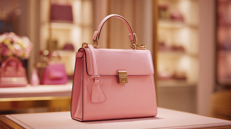 Elegant pink handbag showcased on display in luxury boutique settingの素材