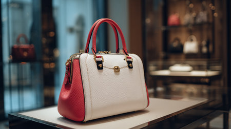 Elegant white and red leather handbag displayed in a luxury store.の素材
