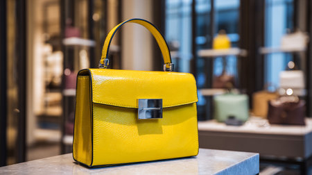 Vibrant yellow handbag displayed in a high-end fashion boutique storeの素材