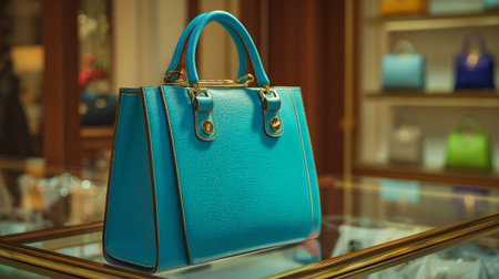Elegant cyan handbag with golden accents displayed in a luxury boutique.の素材