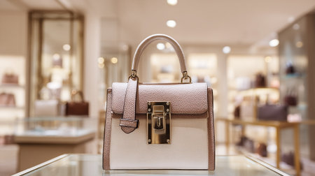 Elegant Blush and Ivory Leather Handbag in Boutique Display Windowの素材