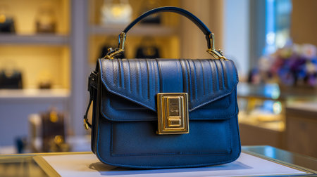 Elegant navy blue leather handbag with golden accents on display case.の素材