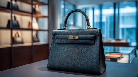 Luxury Black Leather Handbag Displayed Elegantly in a Boutique Settingの素材