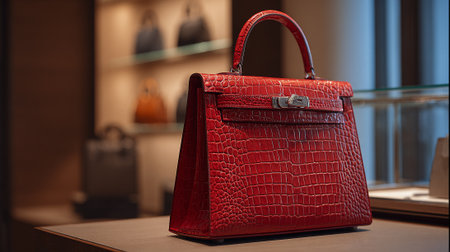 Luxurious Red Alligator Skin Handbag Displayed in Boutique Showcaseの素材