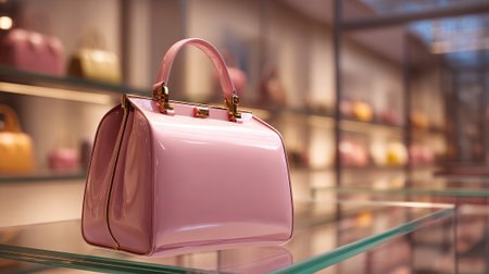 Chic pink designer handbag with gold accents displayed in luxury boutiqueの素材