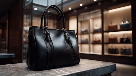 Luxurious black leather tote bag displayed in a sophisticated boutique settingの素材