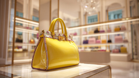 Stylish Yellow Handbag Displayed in a Luxury Fashion Boutique Settingの素材