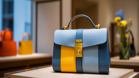 Stylish Blue and Yellow Leather Handbag with Golden Clasp on Displayの素材