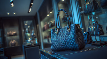 Elegant quilted black leather handbag displayed in a luxury boutique storeの素材