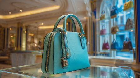 Elegant turquoise leather handbag displayed on glass counter in a luxury boutique.の素材