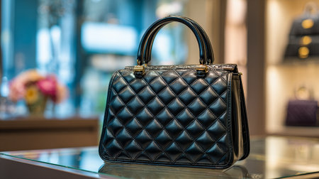 Elegant black quilted handbag showcased at luxury fashion boutique displayの素材