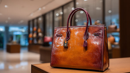 Luxurious handbag on wooden table showcasing high-end style and elegance.の素材