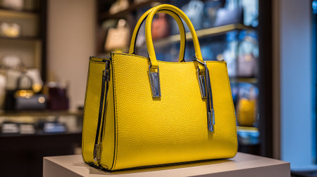 Striking yellow leather handbag displayed in shop, showcasing modern fashion accessoryの素材