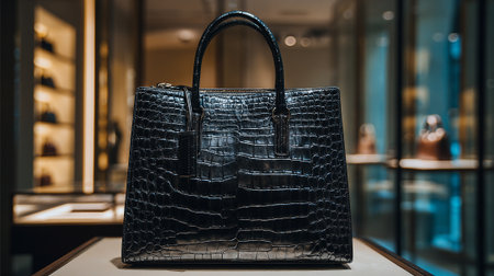 Luxurious Black Croc-Embossed Leather Handbag Displayed Elegantly Inside a High-End Boutiqueの素材