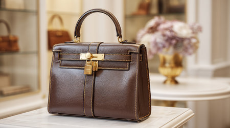 Elegant brown leather handbag with golden hardware displayed in a boutiqueの素材