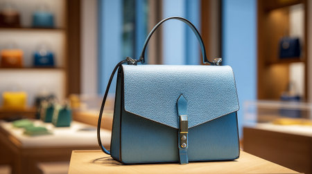 Elegant light blue leather handbag on a wooden table in a storeの素材