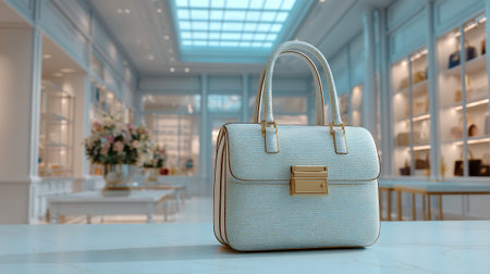 Elegant Designer Handbag Displayed in Upscale Boutique with Soft Lighting and Stylingの素材